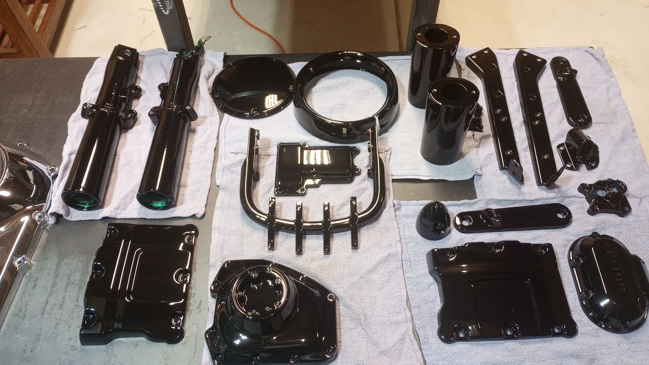 Powder coating chrome Harley Street Glide parts Tiger gloss Black! #motorcycle #harleydavidson
