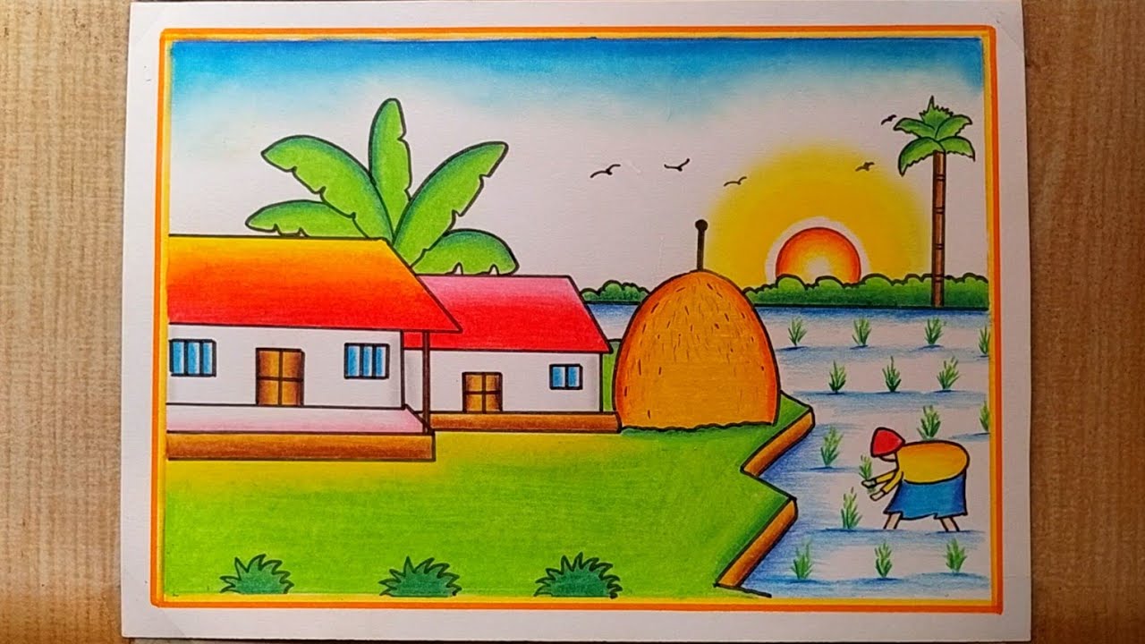 Paddy field with farmer scenery drawing| Village scenery drawing| Easy House,Sun,Trees,Bird Scenery