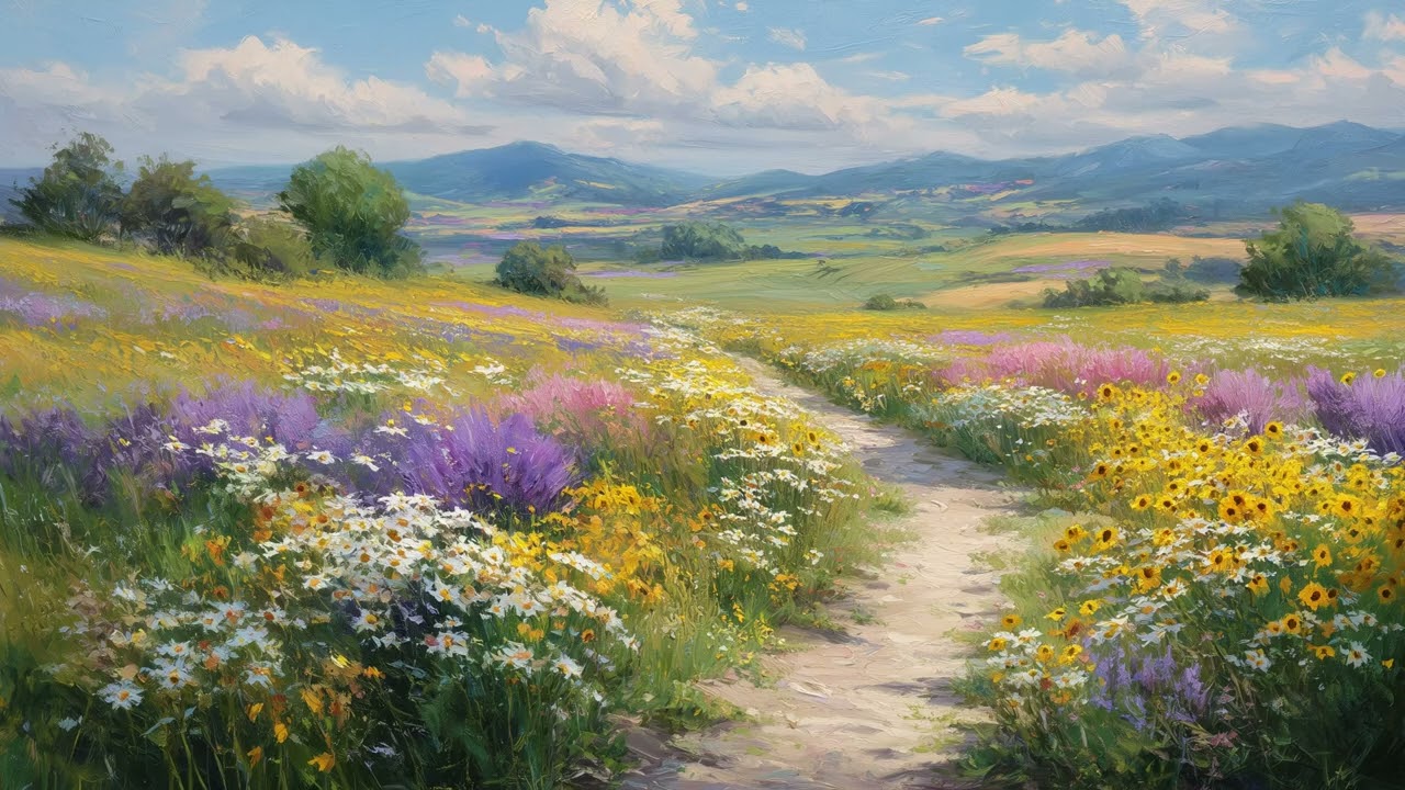 Spring Wildflower Meadow Path 🌼💜 | 4K Framed Landscape TV Art Screensaver (No Music) | 3 Hours