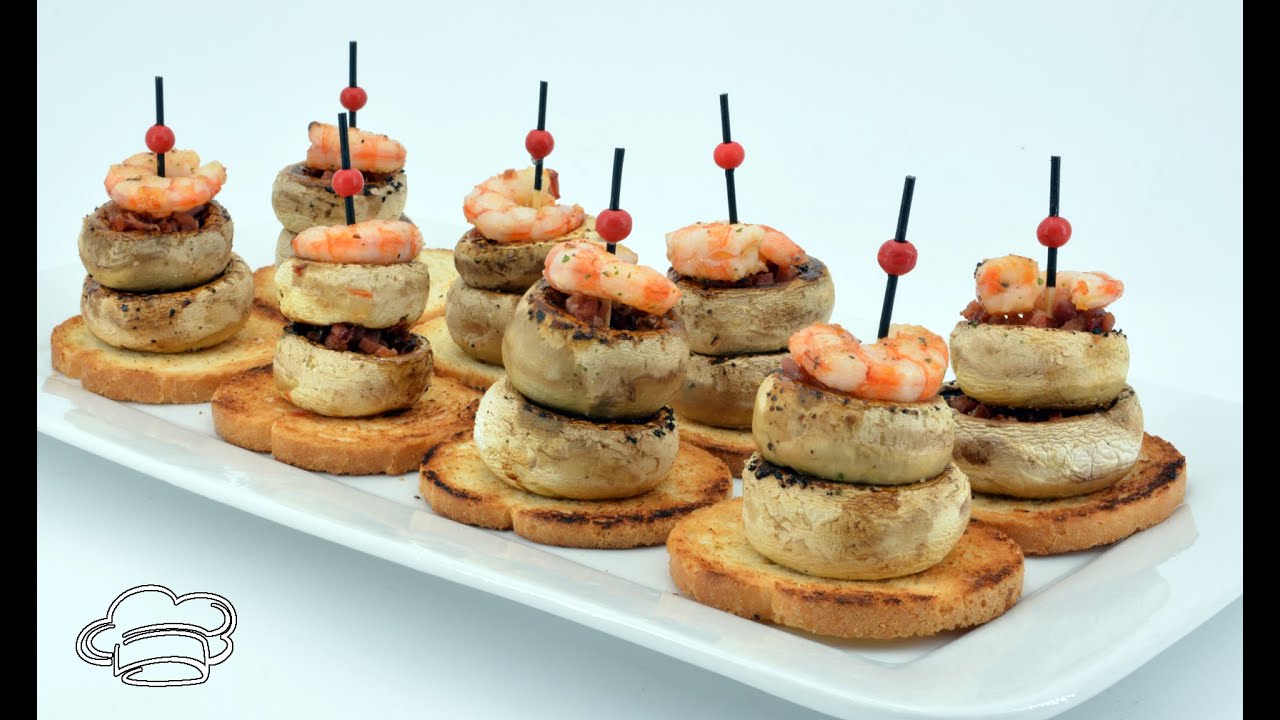 Como hacer pinchos de champiñón al ajillo con gambas y jamón