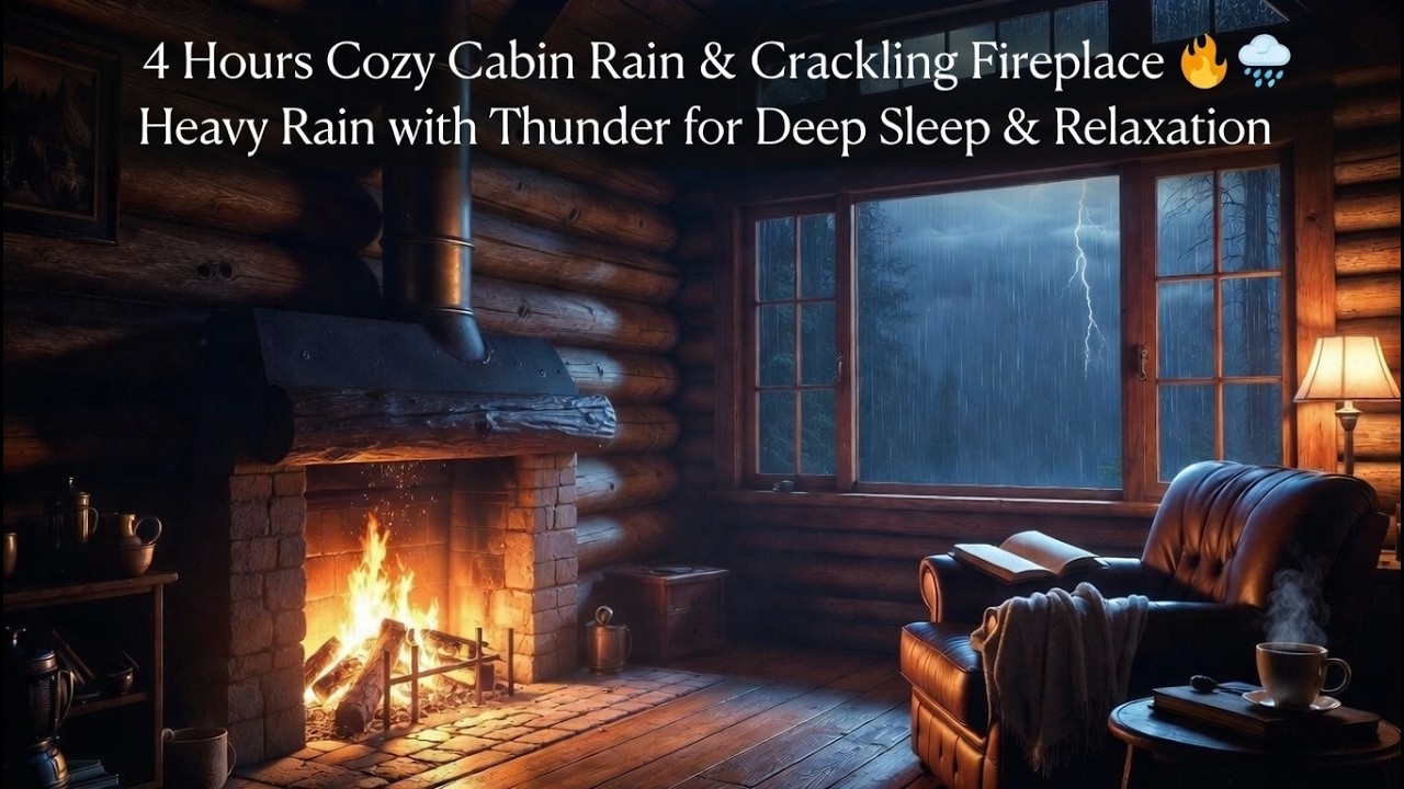 4 Hours Cozy Cabin Rain & Crackling Fireplace  | Heavy Rain with Thunder for Deep Sleep & Relaxation