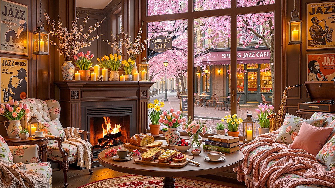 Peaceful Spring Jazz Music 🌸 Cozy Spring Fireplace Ambience for Calm, Work & Sleep