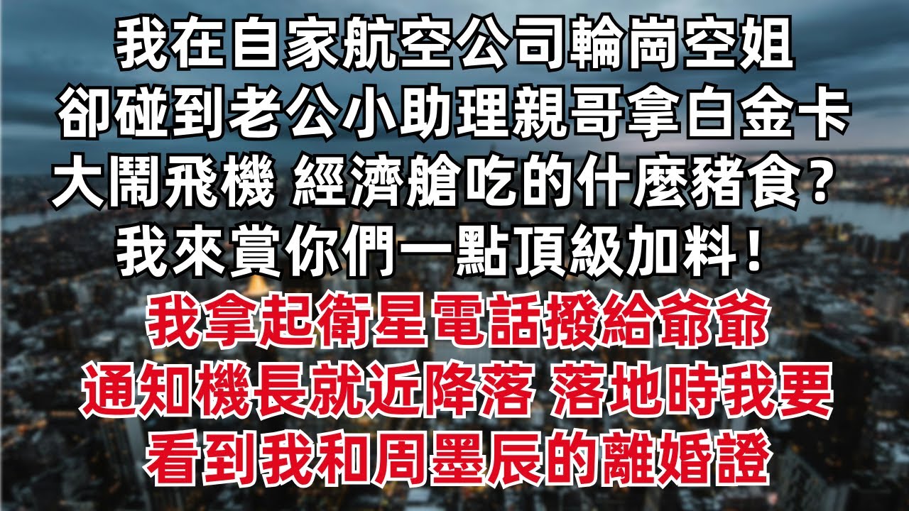 我在自家航空公司輪崗空姐，卻碰到老公小助理親哥拿白金卡大鬧飛機“經濟艙吃的什麼豬食？我來賞你們一點頂級加料！”我拿起衛星電話撥給爺爺。“通知機長就近降落，落地時我要看到我和周墨辰的離婚證。”