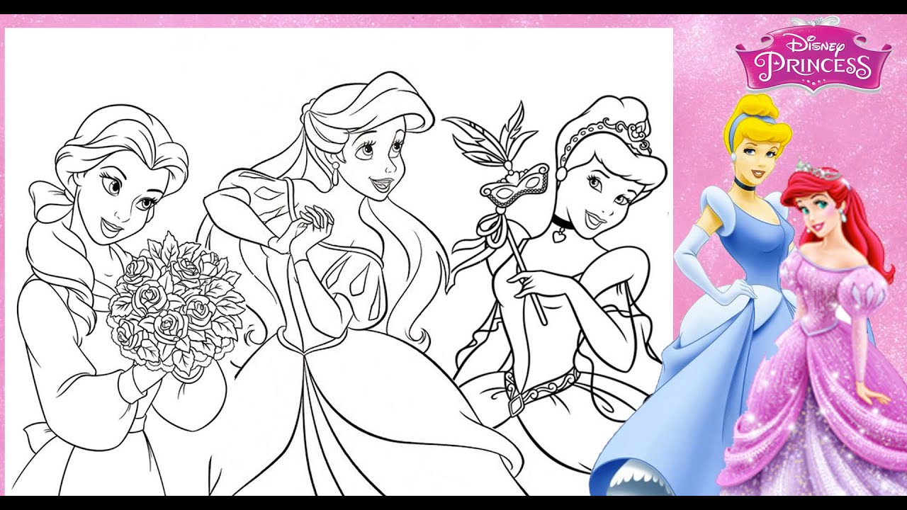 Coloring Page DISNEY PRINCESSES TOGETHER Ariel Cinderella Belle PRINCESS Coloring Book Page