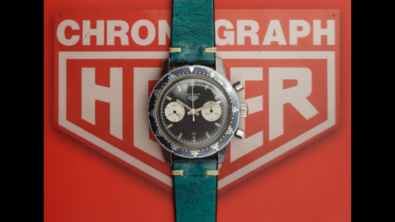 c1969 Heuer Autavia men's vintage chronograph watch with reverse panda dial.  Model reference  7763C