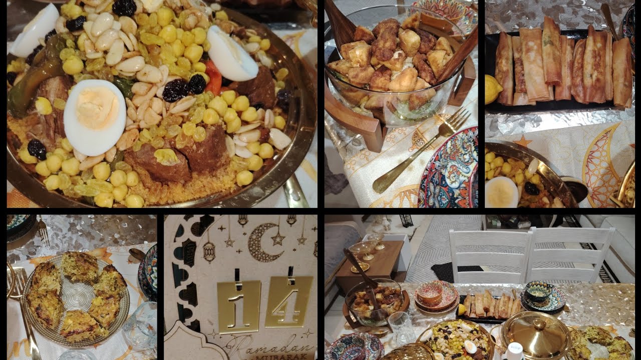 طاولة ليلة النصف من رمضان 🕌كسكسي العادة و الزمان باللحم و الحمص و الزبيب و سلطة سيزر و طاجين سلاطة 