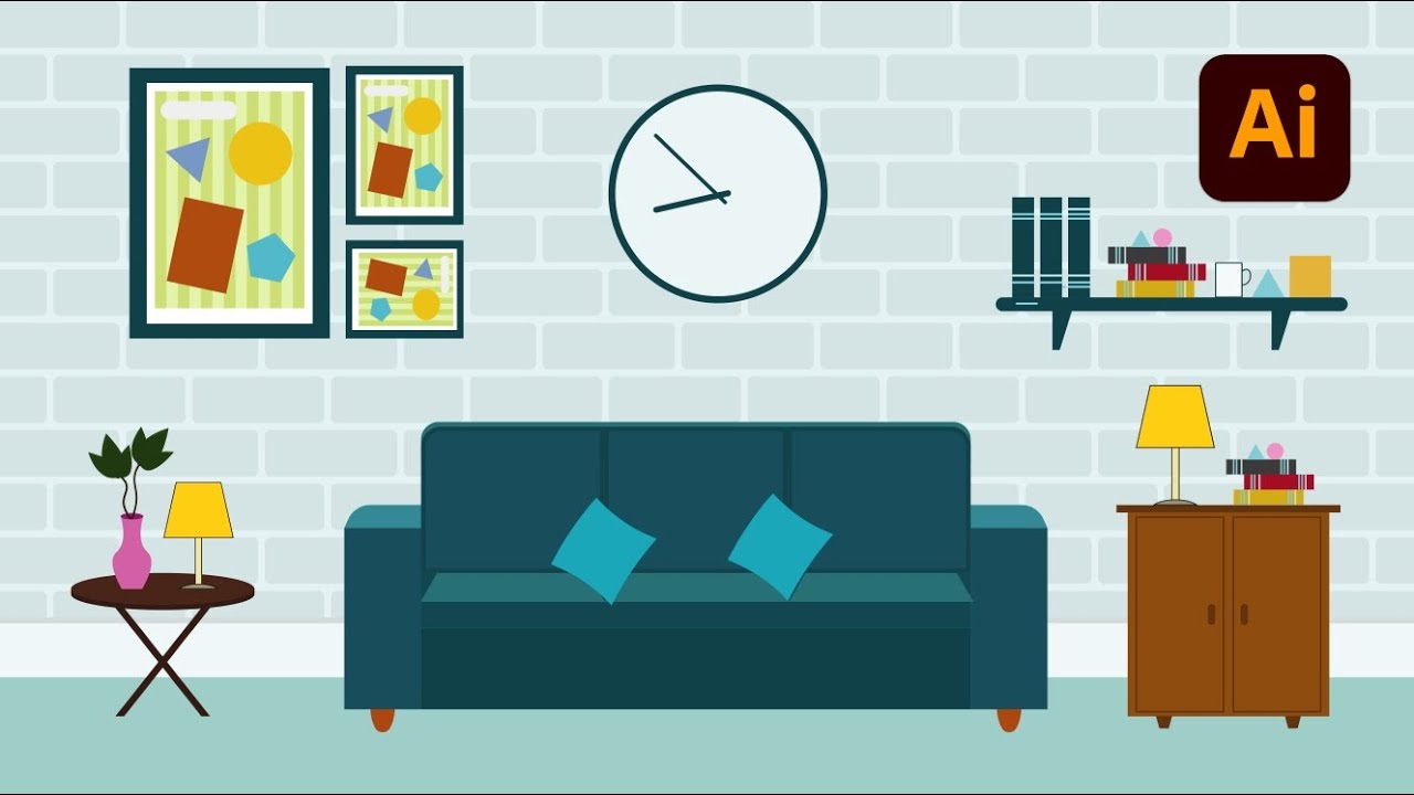 Create Stunning Living Room Illustration In Illustrator | Room Interior Flat Illustration
