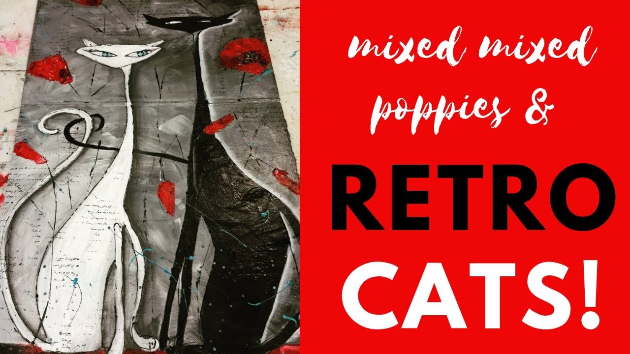 Mixed Media Retro Cats with Poppies - On an Upcycled Vinyl Record Case