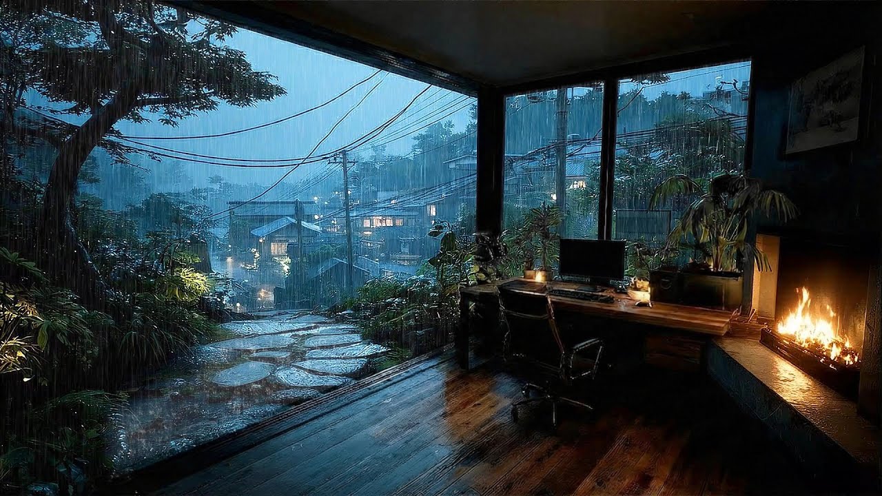 Rainfall Outside and Fireplace Crackles 🔥🌧️❄️ | Relaxing Ambience for Better Sleep