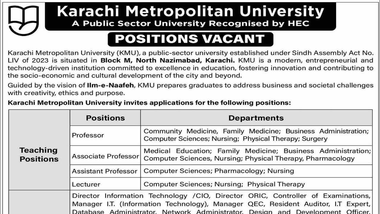 Karachi Metropolitan University Jobs | Teaching & Non Teaching | Professor to Lecturer Jobs 2026 