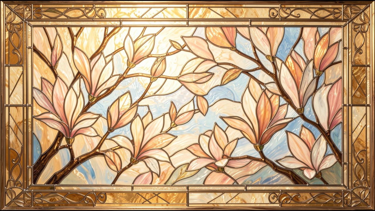 Warm stained glass magnolia canopy at sunrise frame tv art 4k with music | tv screensaver
