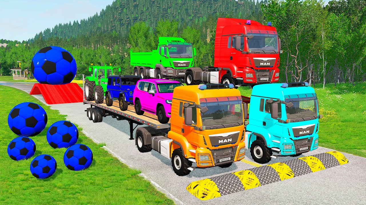 Triple Flatbed Trailer McQueen Transportation with Truck - Speedbumps vs Cars vs Train - BeamNG #8