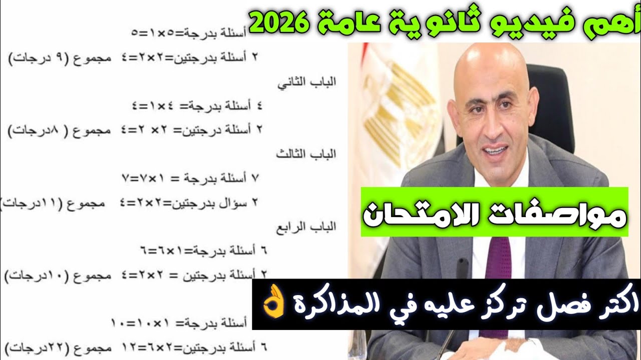 هام مواصفات امتحانات الثانوية العامة 2026 توزيع درجات كل فصل،وأهم الدروس إلي تركز عليها👌علمي وادبي 