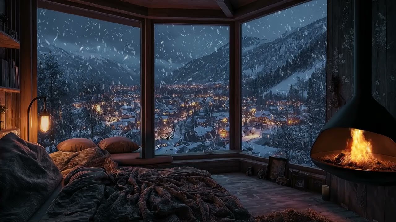 Snow Serenity in a Cozy Cabin | Crackling Fireplace with Snowfall for Restful Sleep & Stress Relief