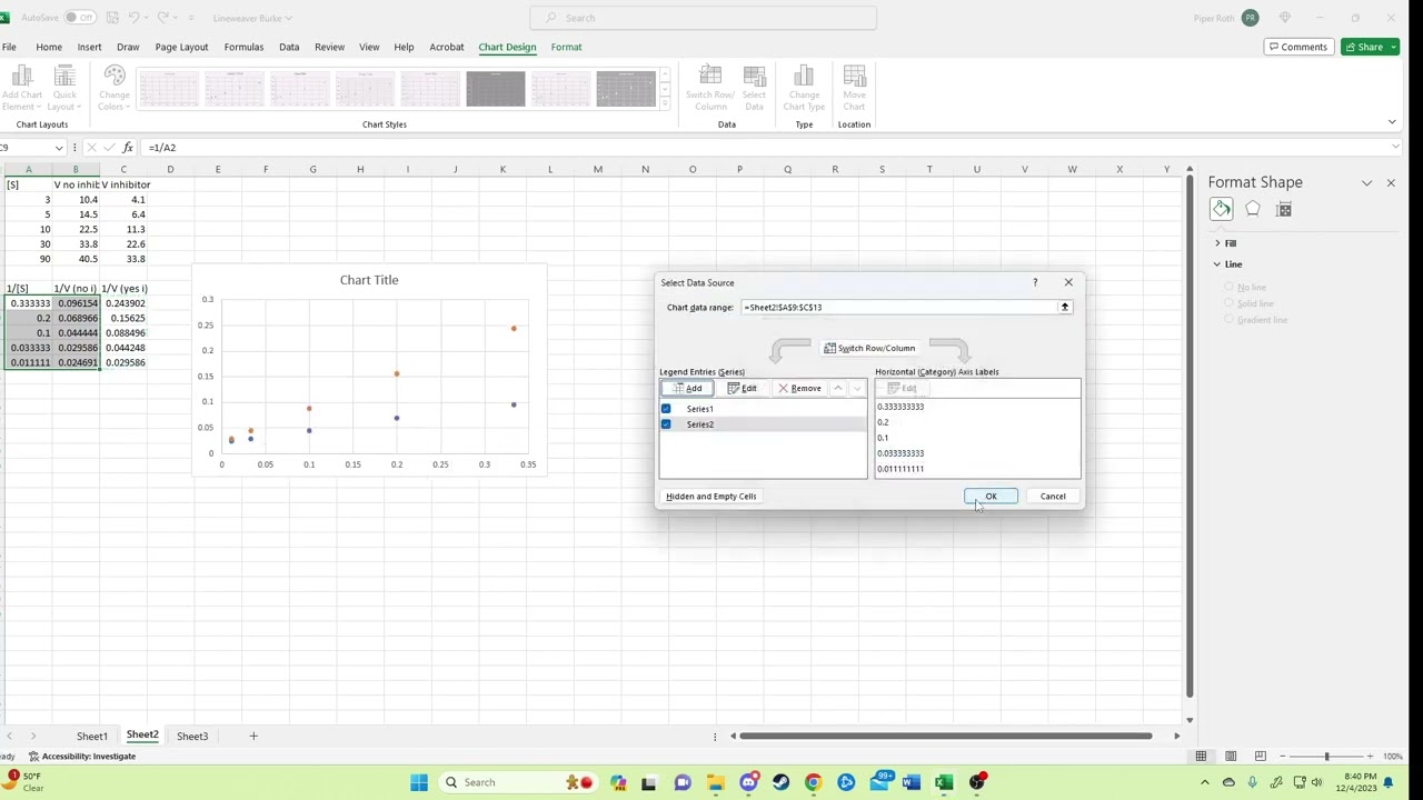 Creating a Lineweaver Burke Graph in Excel