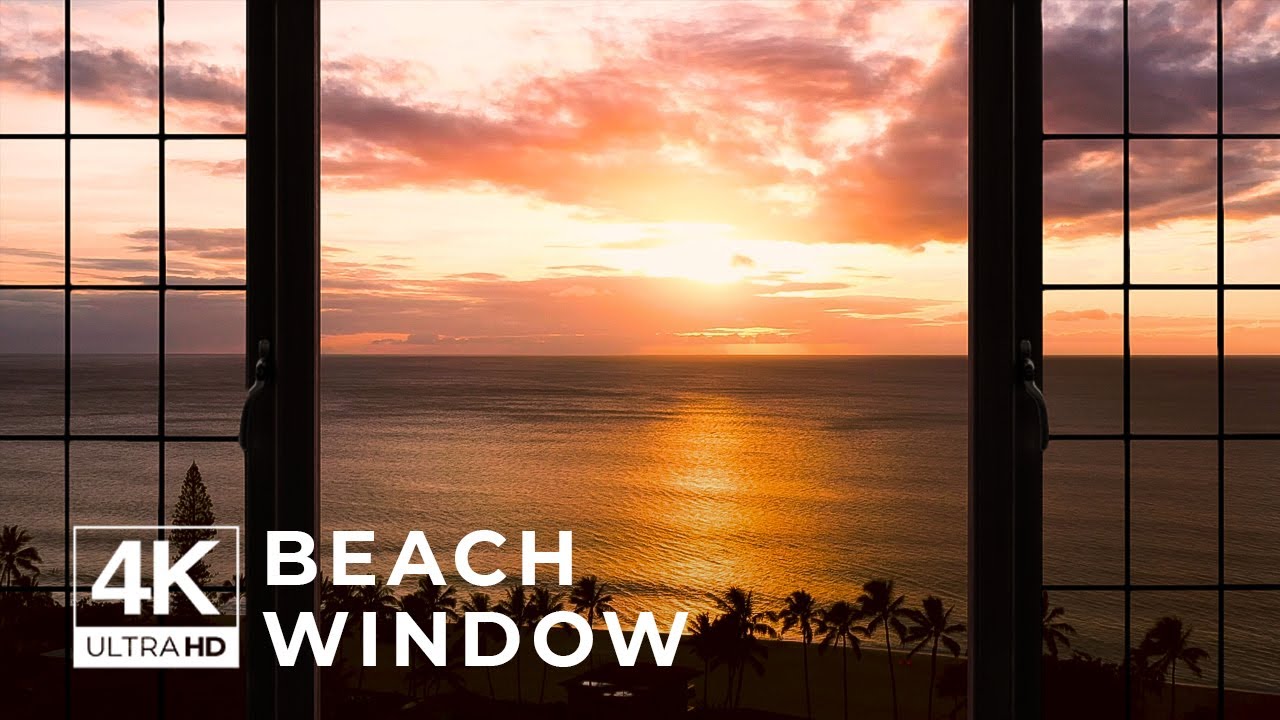 4K Tropical beach during sunset window view - Relaxing, Calming, Ambience, white noise (ASMR)