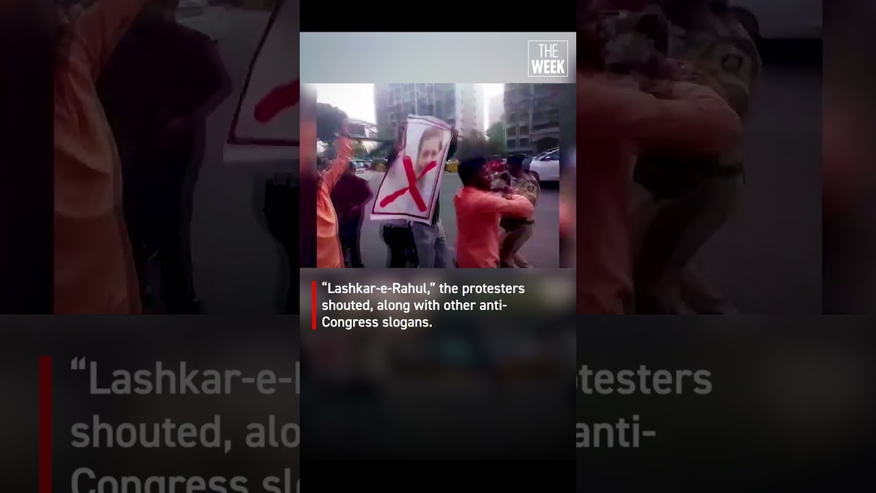 BJP workers wave flags at Rahul Gandhi in Mumbai after Youth Congress' protests at the AI Summit