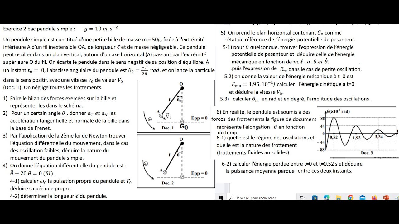 Exercice  pendule simple 2bacoscillation sans frottement et avec frottements# dynamique énergétique