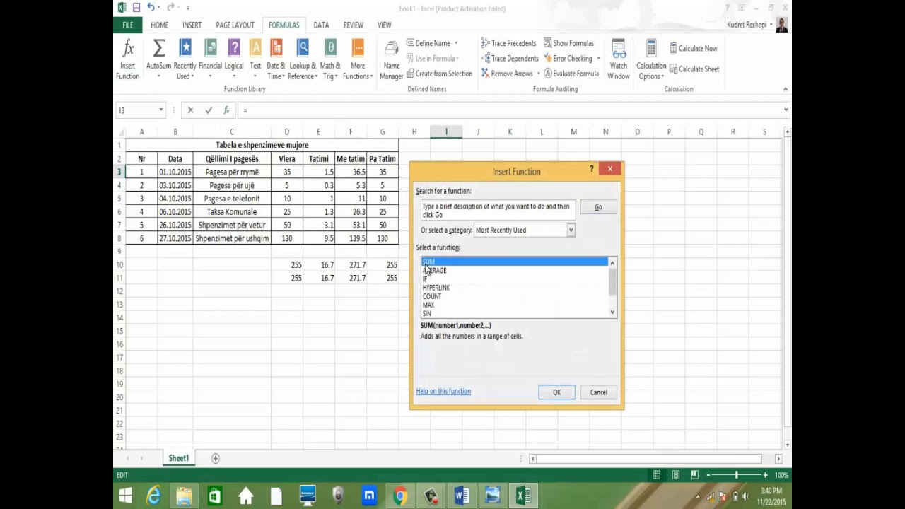 Tutorial per Excel Mesimi 7 Formulat dhe Funksionet ne Programin Excel