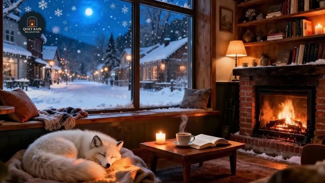 Cozy Snowy Town ❄️ Calm Night Café Ambience