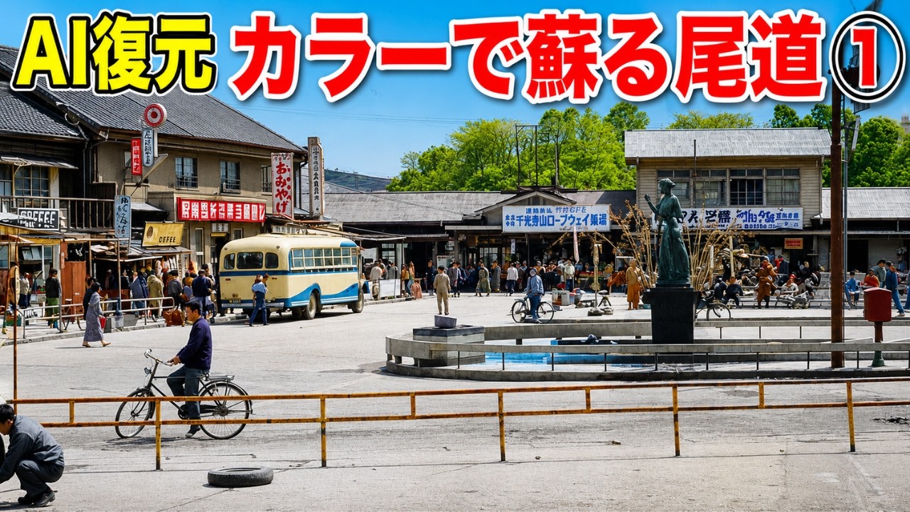 【AIで蘇る尾道①】懐かしの尾道モノクロ写真がカラーに！尾道駅前・千光寺・商店街・尾道水道風・向島小歌島埋め立て工事・林芙美子※色彩はAIによる推定復元であり、史実を断定するものではありません。
