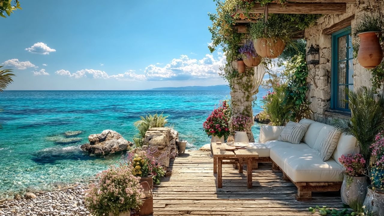 Mediterranean Seaside Porch Morning | Ocean Waves + Birdsong for Deep Focus, Calm Work