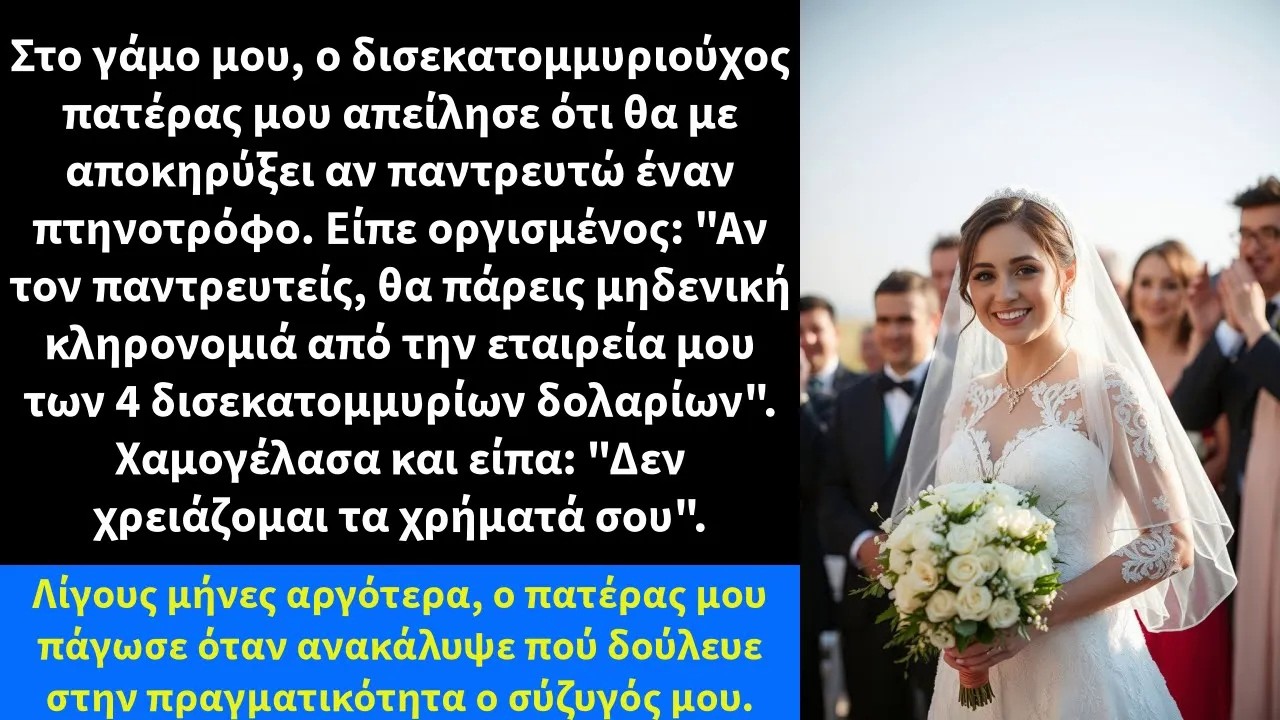 Στο γάμο μου, ο δισεκατομμυριούχος πατέρας μου απείλησε ότι θα με αποκηρύξει αν παντρευτώ έναν