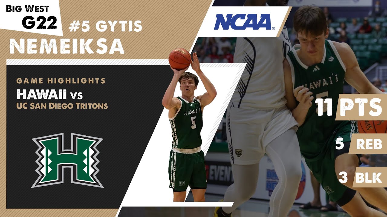 Lithuanian GYTIS NEMEIKSA 11 PTS & 5 REB Hawaii Warriors vs UC San Diego Tritons NCAA Basketball