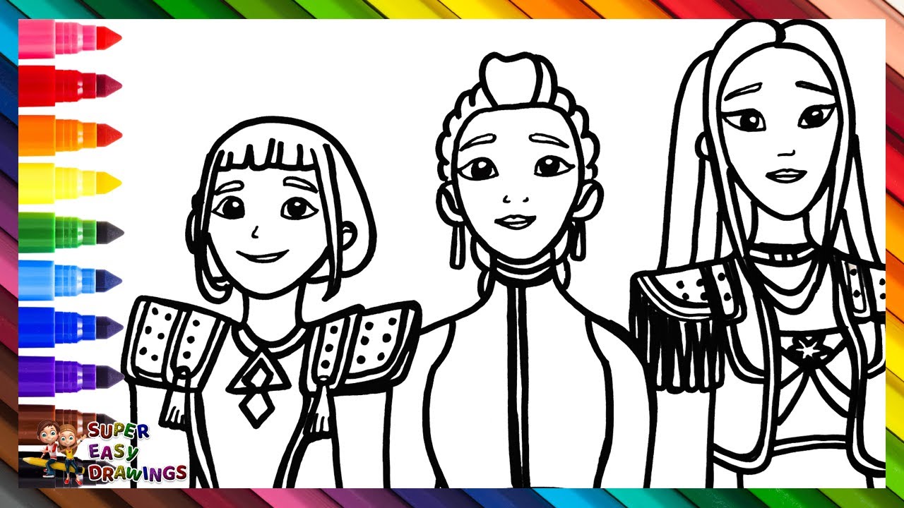 Draw and Color Rumi, Mira, and Zoey from HUNTRIX K POP Demon Hunters 👩‍🎤🎤✨😈👹🗡️🌈 Drawings for Kids