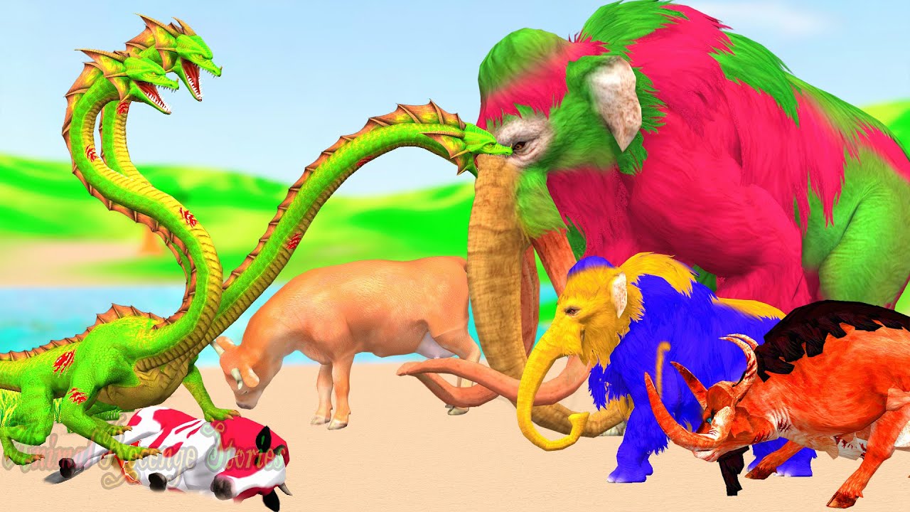Mammoth vs Hydra Dinosaur Attack Cow Save Elephant Rescue Fight | Animal Revenge Stories