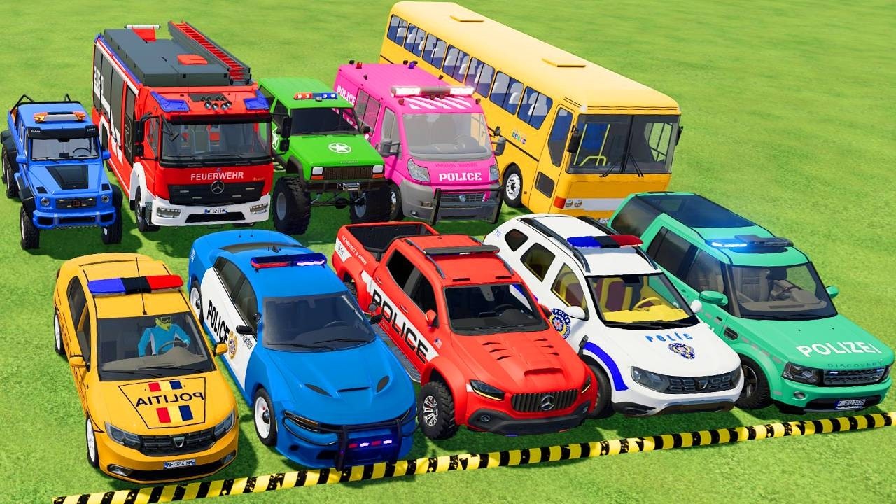 TRANSPORTING POLICE CARS, AMBULANCE, FIRE TRUCK, COLORFUL CARS WITH TRAIN -FARMING SIMULATOR 22!