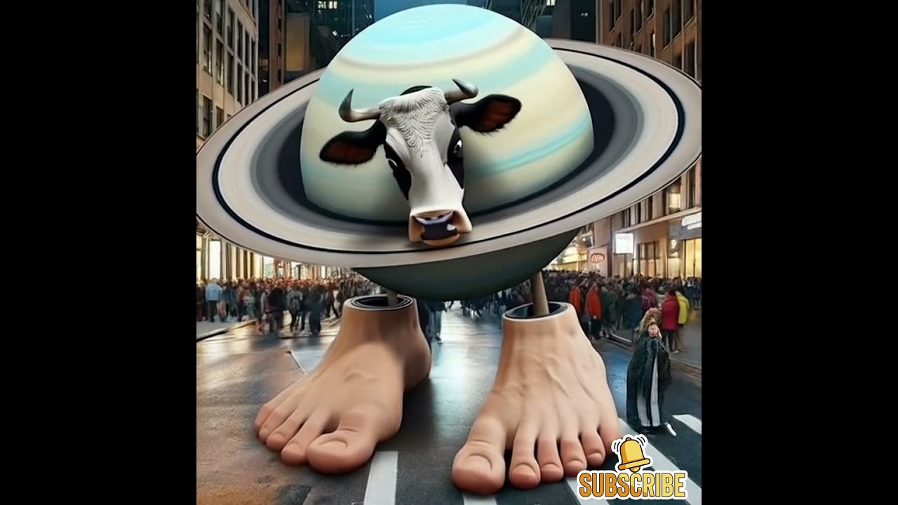 Giant Feet Carrying Cow on Saturn-Like Planet