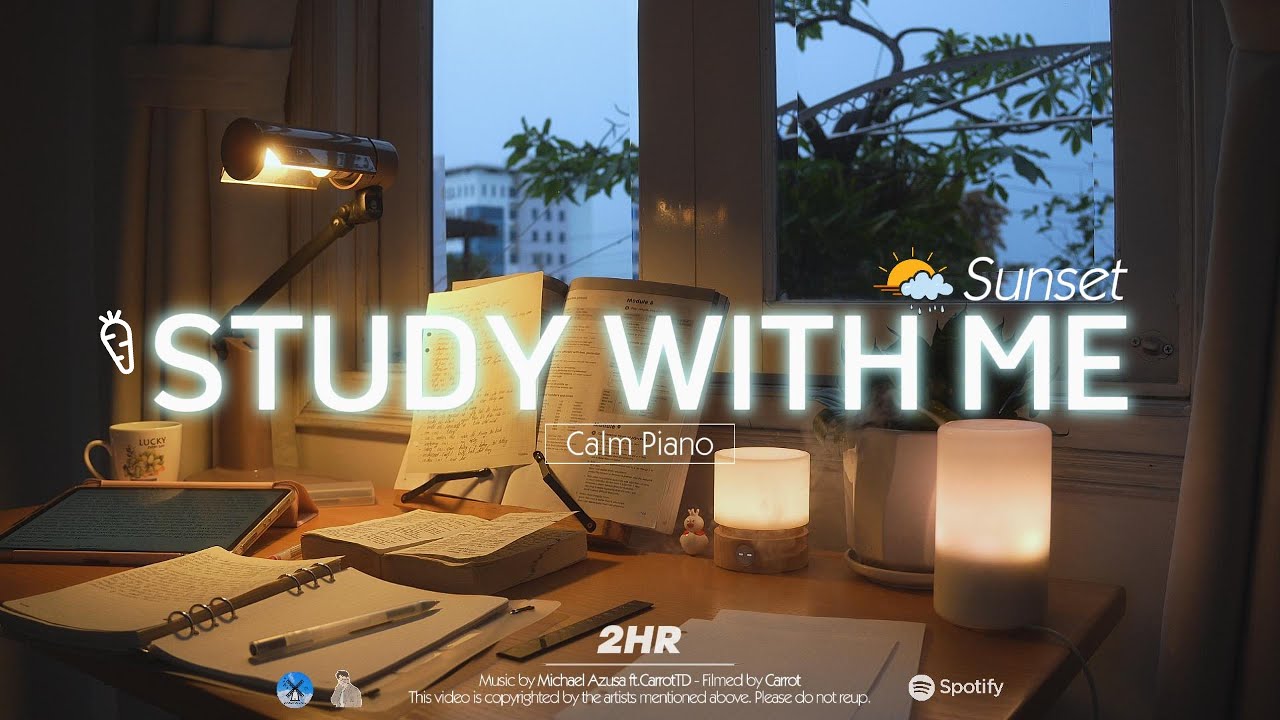 2-HOUR STUDY WITH ME at Sunset | Calm Piano️🎹, Rain Sounds | Pomodoro 50-10