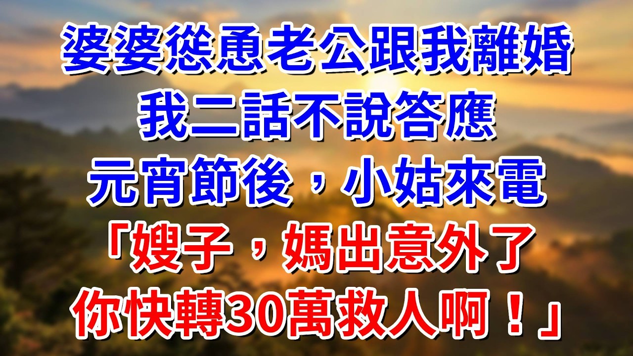 婆婆慫恿老公跟我離婚，我二話不說答應，元宵節後，小姑來電：嫂子，媽出意外了，你快轉30萬救人！ #阿木講故事#為人處世#生活經驗#情感故事#養老#睡前故事