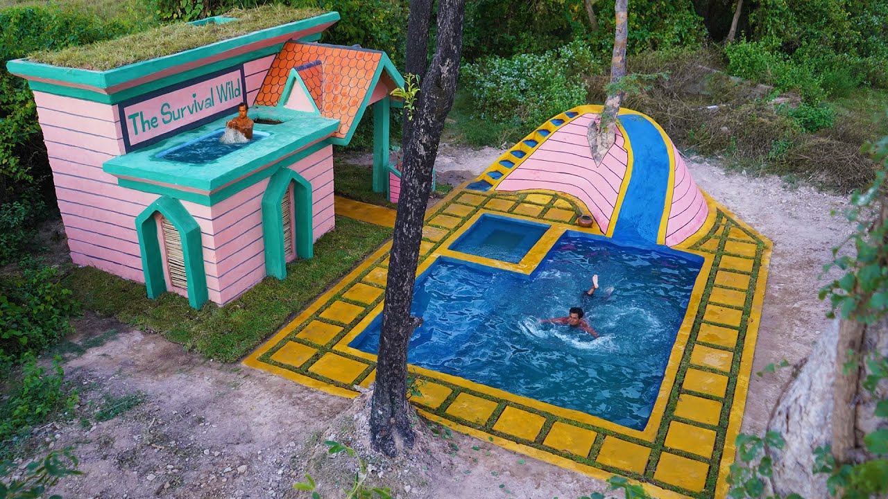 a Man Build Survival Jungle Pool Mud House With Grass Roof And Cooking, Swimming Pool ,Water Slide