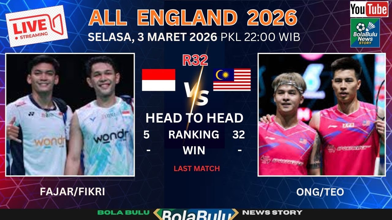 🔴LIVE SKOR R32: Fajar/Fikri Vs Ong/Teo - All England 2026