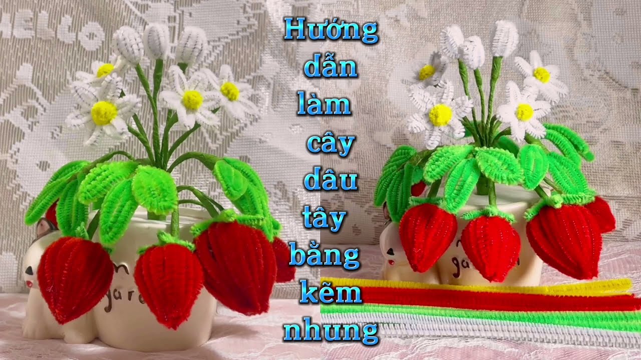 Làm cây dâu tây bằng kẽm nhung| How To Make Strawberry Plant From Pipe Cleaners| Thân Hằng Handmade