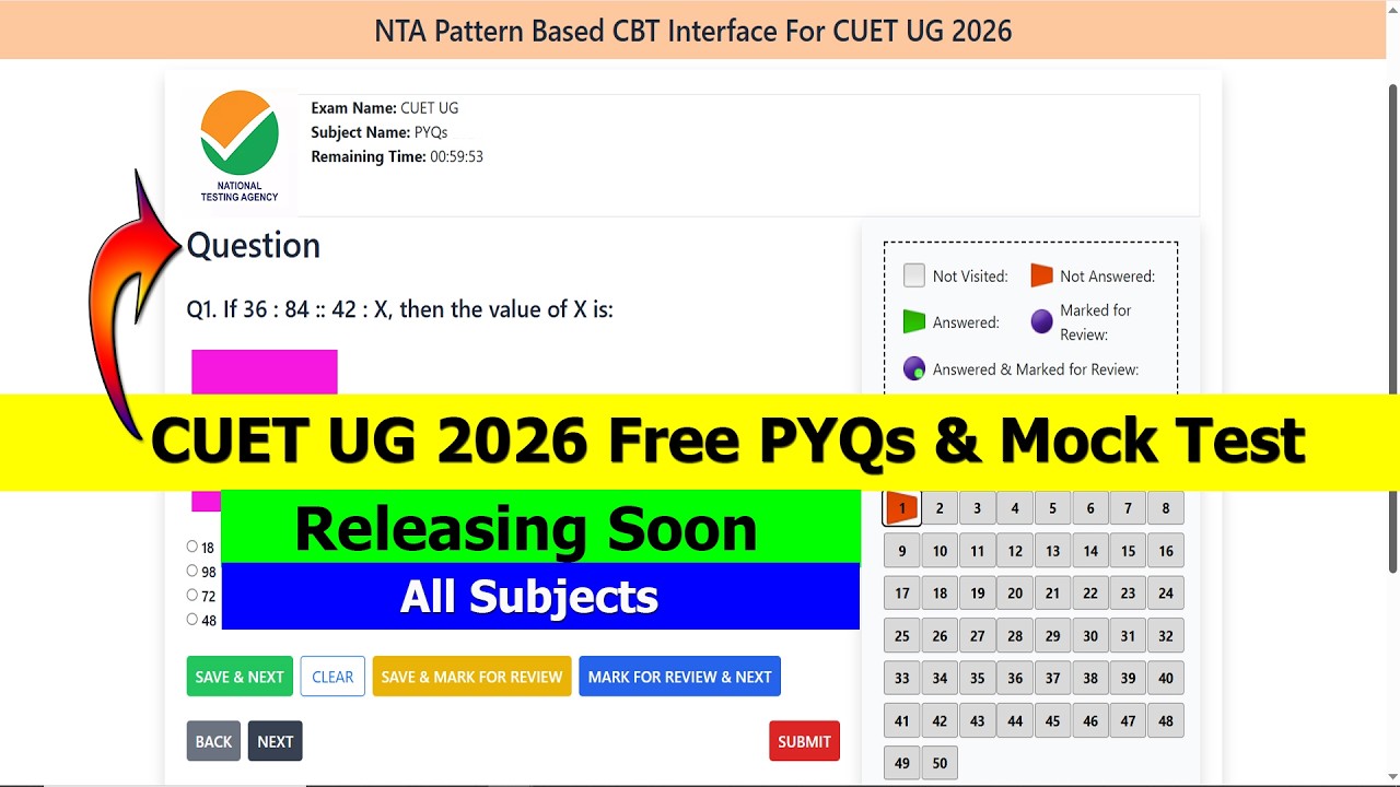 CUET UG 2026 Free PYQs & Mock Test in NTA Official Format | Releasing Soon | Arts, Commerce, Science