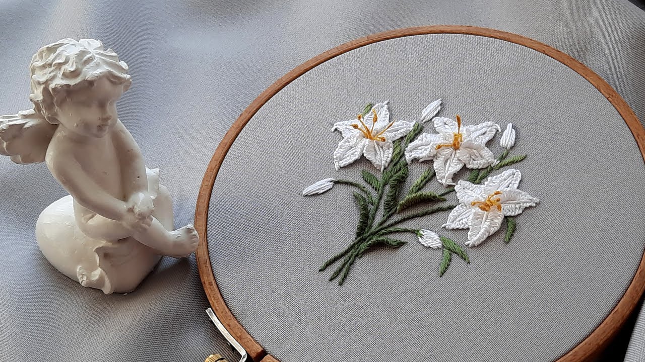 3D White Lilies 3D Embroidery Flowers stitches