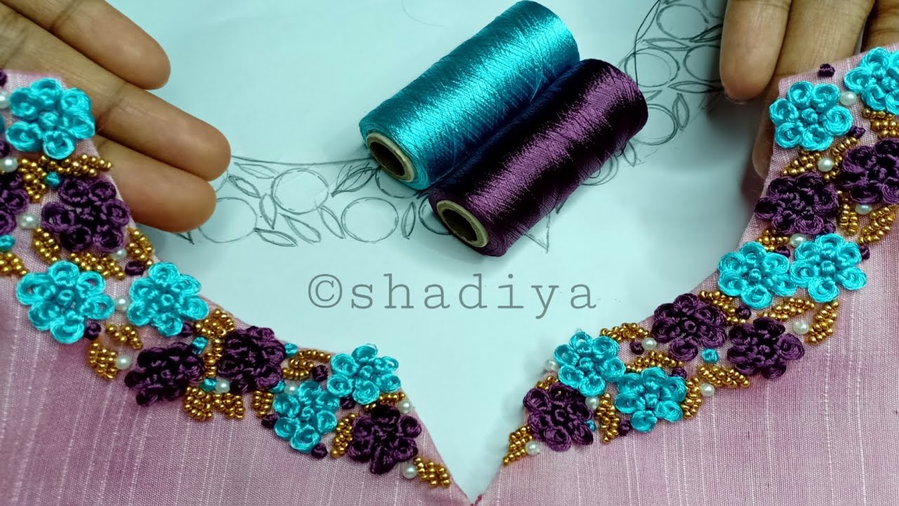 Silk thread ring knot flower and beadwork neck embroidery for kurti salwar|ring knot flower stitch