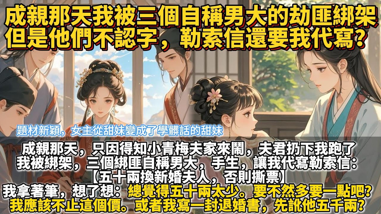 完結逐漸清醒溫馨救贖文：成親那天我被三個自稱男大的劫匪綁架。但是他們連字都不認，勒索信還要我代寫？【五十兩換新婚夫人，否則撕票】 可看著蕭繁策馬離開的方向。 我拿著筆，想了又想。 總覺得五十兩太少。