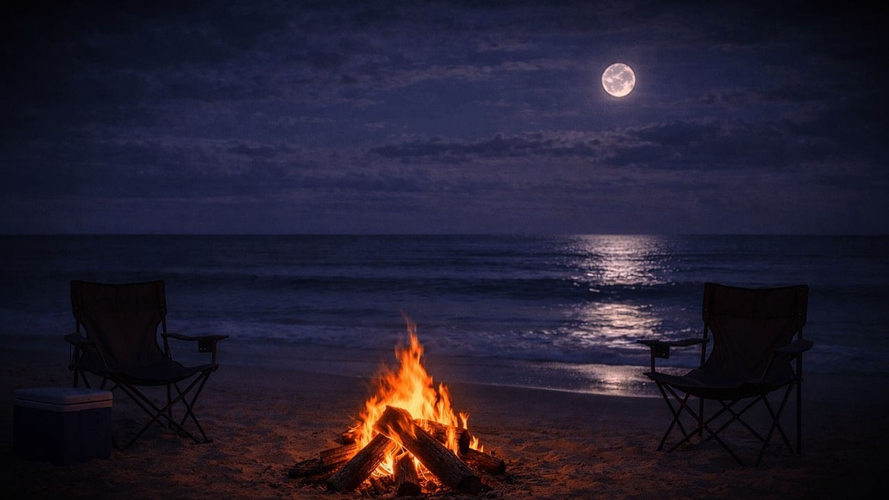 Calm Beach Campfire at Night 🌊 Gentle Ocean Waves & Fire Crackling