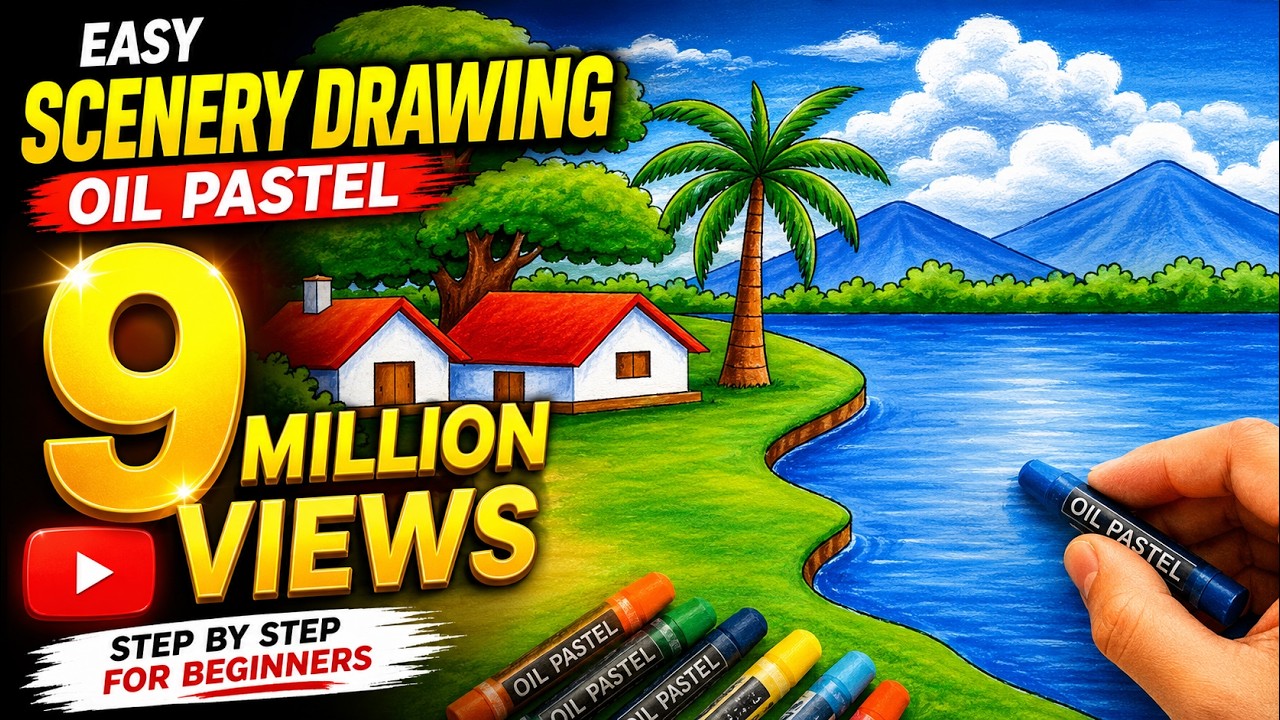 How to draw easy scenery drawing with oil pastel landscape village scenery drawing step by step