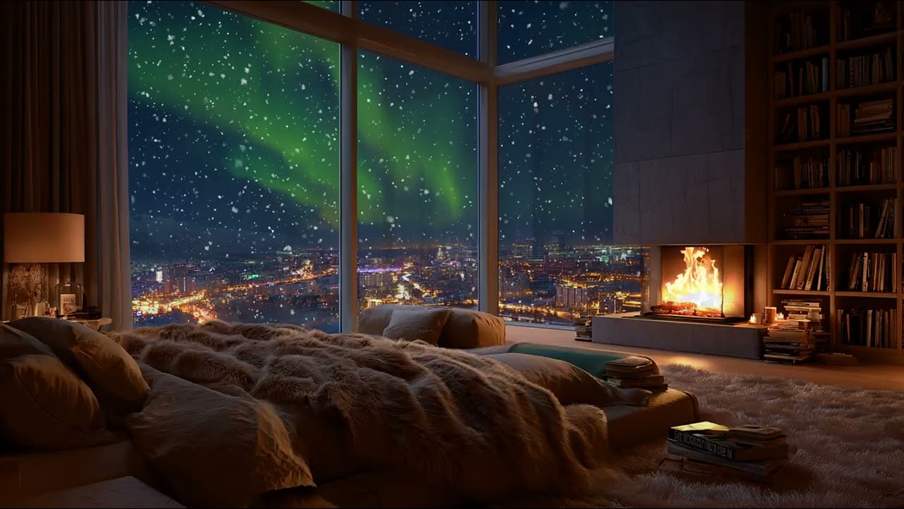 🔥Winter Cabin Fireplace | Gentle Fire Crackling and Snowfall ❄️ Sounds for Deep Sleep & Relaxation