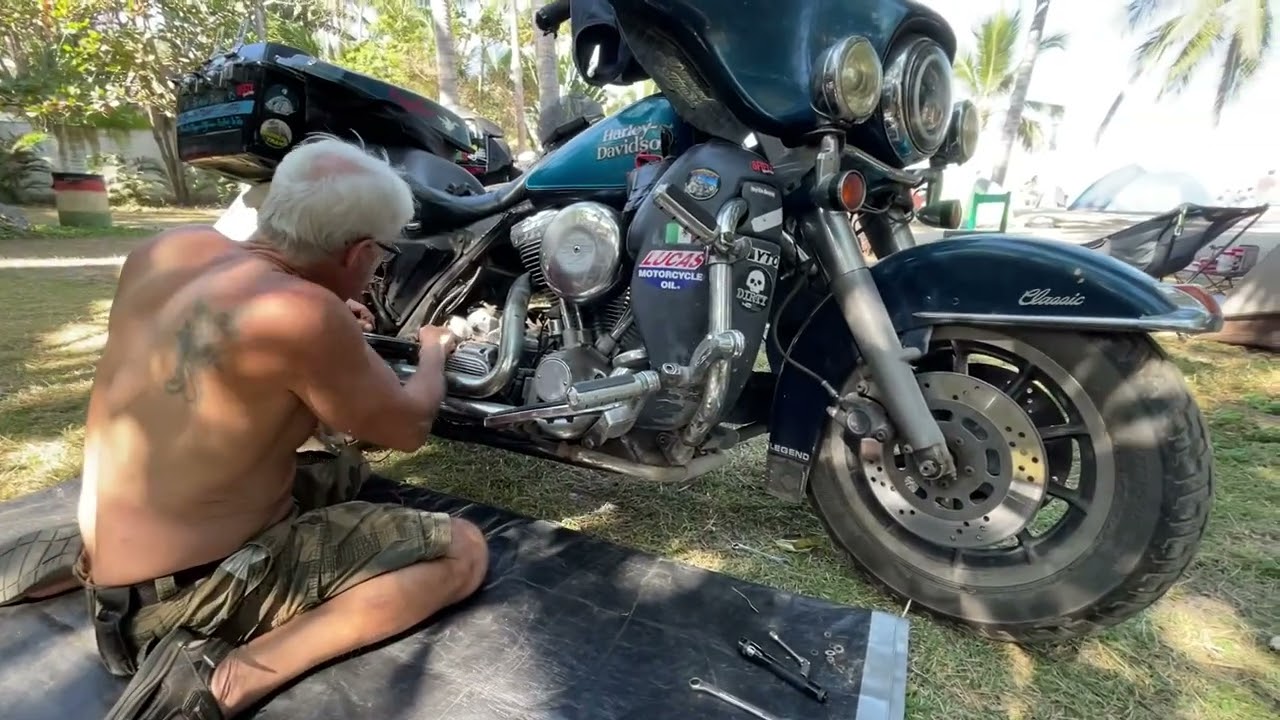 Scooter Tramp Scotty’s motorcycle repair wisdom at camp in Mexico.