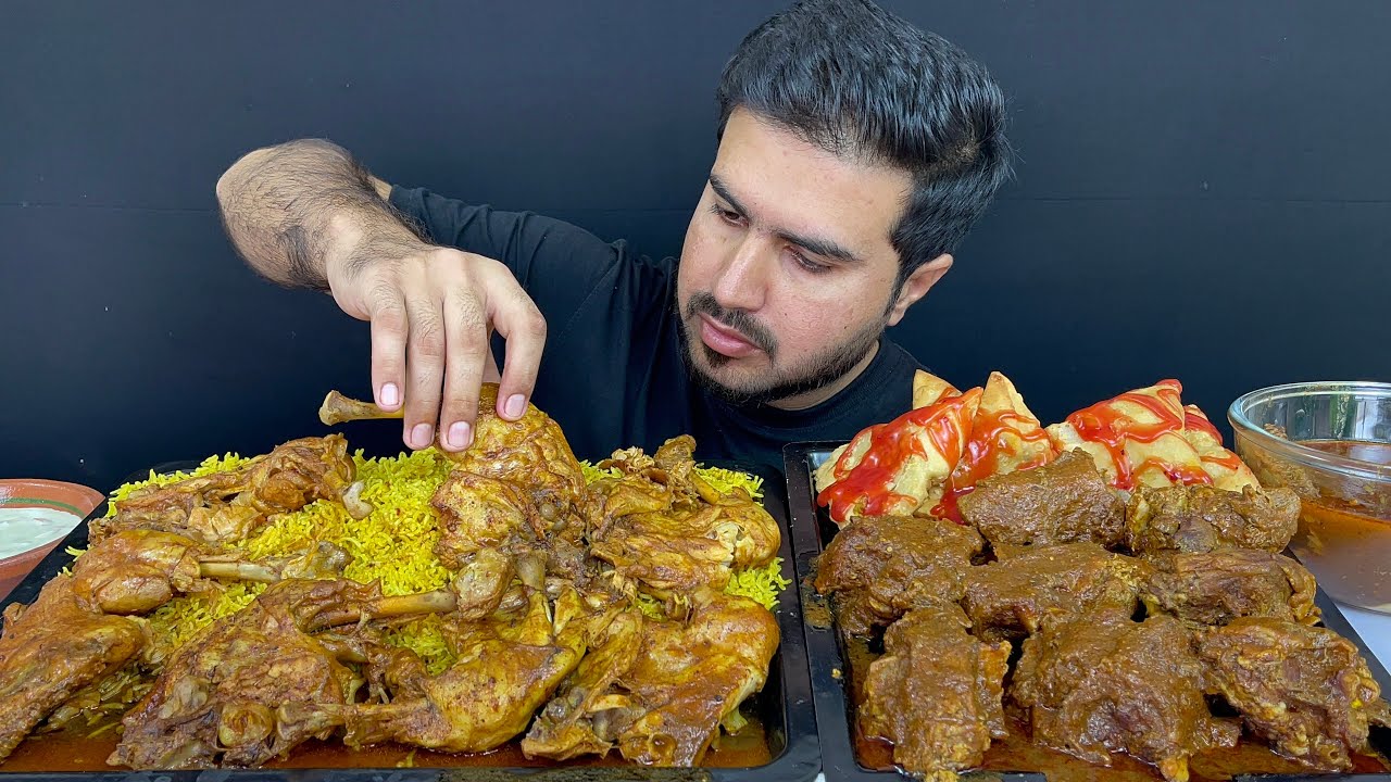 ASMR;EATING SPICY CHICKEN LEG CURRY+SPICY MUTTON CURRY+MASALA RICE+SAMOSA+EXTRA GRAVY || MUKBANG