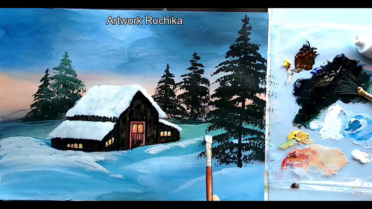 Snowy Winter Landscape with Hut | Acrylic Scenery Painting
