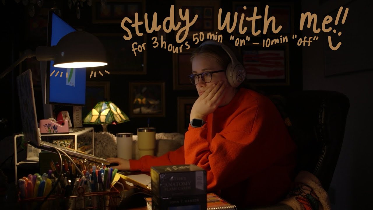 three-hour study with a PA student (50/10 pomodoro split, no music, late at night)