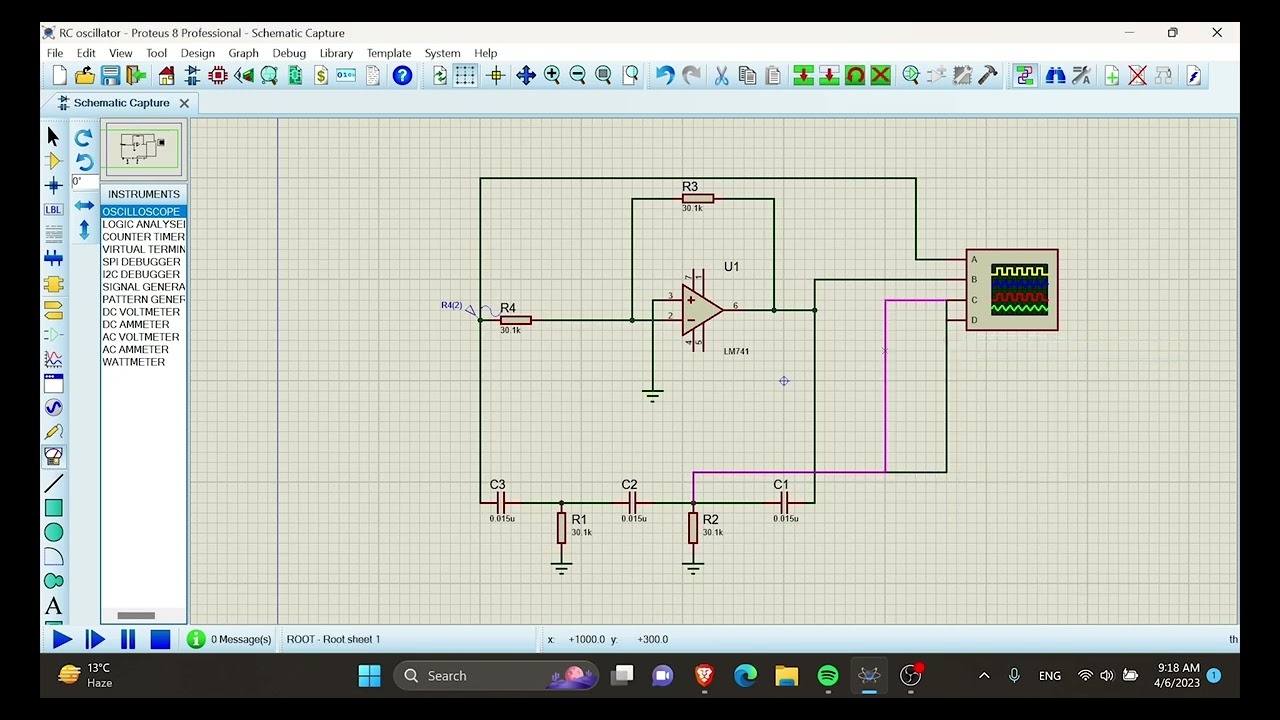 RC Oscillator using op-amp in proteus ,  Simulation