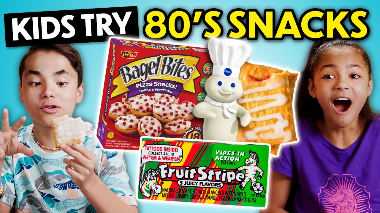 Kids Try 80s Snacks For The First Time! (Bagel Bites, Fruit Stripe, Lunchables, PushPop)